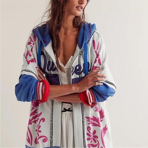 NWT We The Free Royals Hoodie Jacket S Ivory Combo Embroidered Oversized - Picture 3 of 13